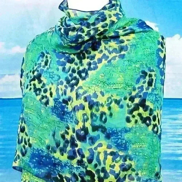 GREEN/BLUE COLORFUL Womans SHEER Scarf REVERSIBLE Hajib Shoulder Rectangle Wrap - Picture 3 of 8
